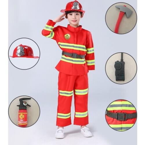 Kids Halloween Cosplay Firefighter Fancy Costume Boy Girl Party Stage Roleplay Clothing Sets Fireman Uniforms Jackets Pants Toys