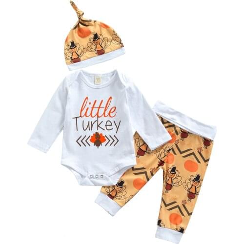 Baby Clothes Kids Suit Letter Print O-Neck Long Sleeve Romper Thanksgiving Turkey Print Long Pants Hat For Toddler 0-18 Months