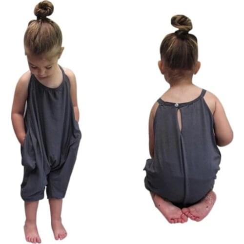 Baby Girl Summer Drawstring Clothing Baby Girls Strap Rompers Jumpsuit Pants Clothes Baby Boutique Gray Loose Sets Girl Dresses