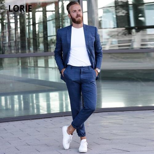 LORIE Blue Groom Tuxedos for Wedding 2021 Slim Fit Men Groomsmen Business Party Prom Suits Plus Size Customize Jacket+Pants