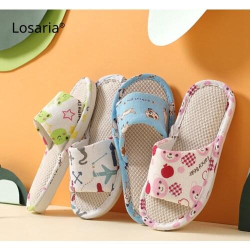 Losaria Childrens Home Slippers Linen Breathable Four Season Boys and Girls Footwear Non-slip Cartoon Indoor Flats Size 17-21cm
