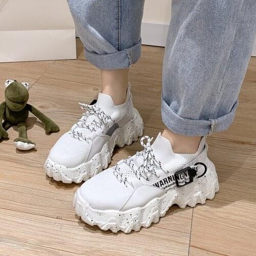 Fashion Ladies Socks Dad Shoes Lace-up Sneakers Women White Round Toe Rubber Platform Shoes Women Vulcanized Shoes Woman Spring
