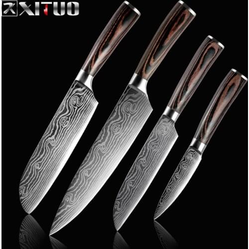 New Kitchen Knife Sets 4 PCS 7CR17 laser Damascus Stainless Steel Chef Knife Japanese Santoku Cleaver Slicing Paring Knive