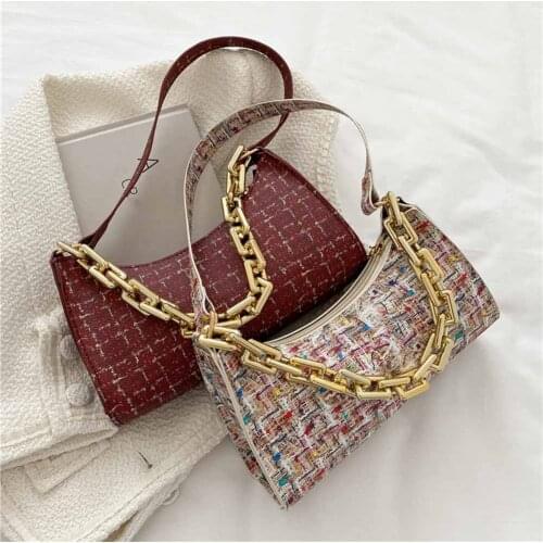 New Fashion Plaid Printing Vintage PU Leather Women Shoulder Underarm Bags Casual Thick Chain Ladies Small Shoulder Handbags