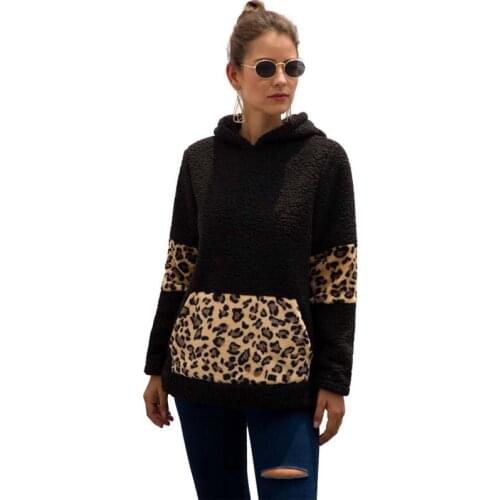 Autumn Winter Leopard Patchwork Pocket Long Sleeve Plush Hoodies Women Streetwear Simplicity Casual Loose Pullovers Tops
