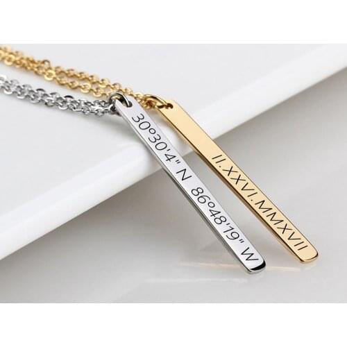Bar Pendant Necklace, Custom Name Plate Necklace, Engrave Coordinates Bar Jewelry