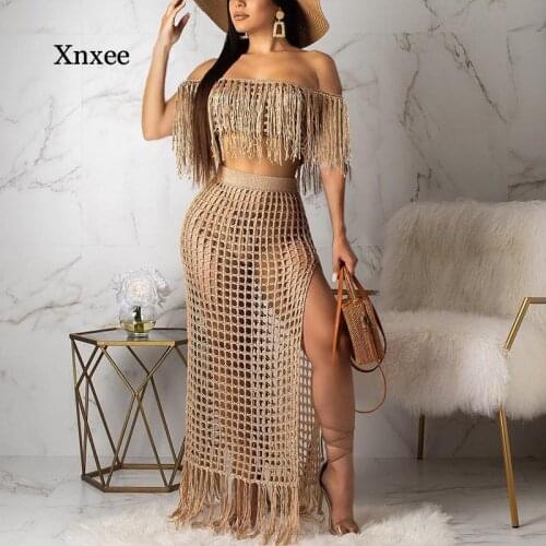 Beach Hollow Tassel Off Shourlder Crop Top Dress Set Women Swimming Cover Up Summer Swimwear Sexy Lady Split Dresses Suit