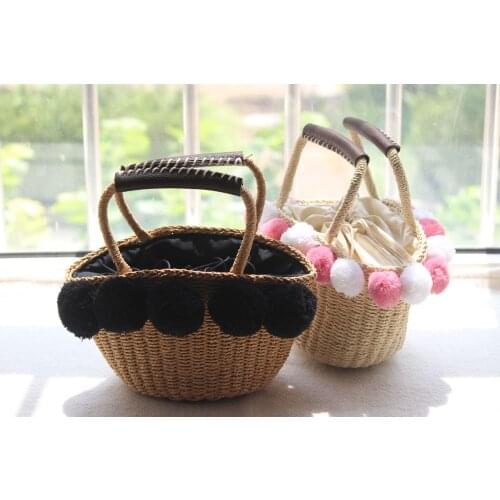 32x15CM New Style Wool Ball Female Straw Bag Vacation Travel Female Summer Handbag a6251