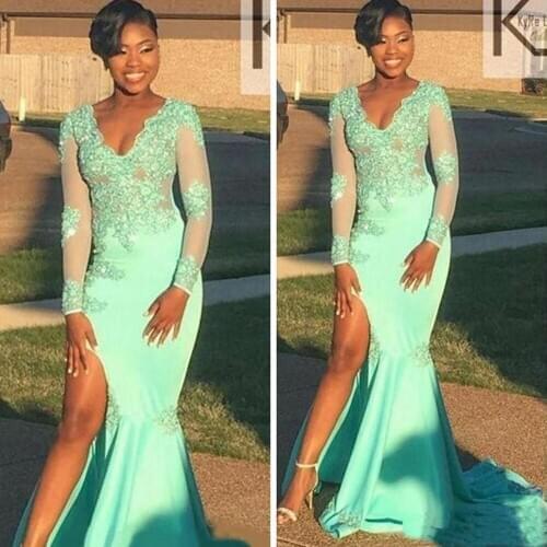 SuperKimJo Vestidos Formales Mint Green Evening Dresses Long Sleeve V Neck African Lace Applique Sexy Formal Dresses 2021