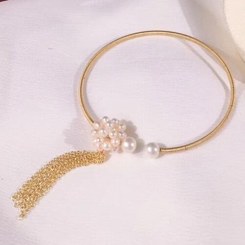 High quality design handmade women jewelry tiny real natural white pearl ball gold tassel bracelet bangle