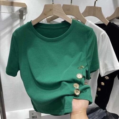 Cotton 95% Solid Button Green Women T-Shirts Summer New Design 2021 O-Neck Short-Sleeved Female Pulls Tops Tees