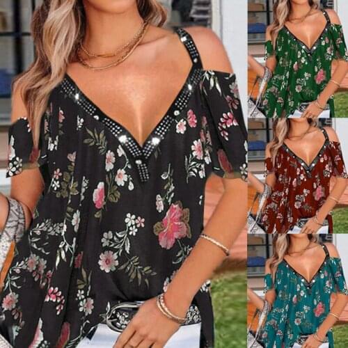 2021 Summer New Fashion Ladies Commuter Hot Sale Womens Loose Strapless Printed V-Neck Short Sleeve T-Shirt Women Clothing