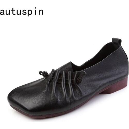 Autuspin New Style Women Flats 2021 Autumn Genuine Leather Comfortable Square Toe Loafers Retro Pleated Design Casual Shoes