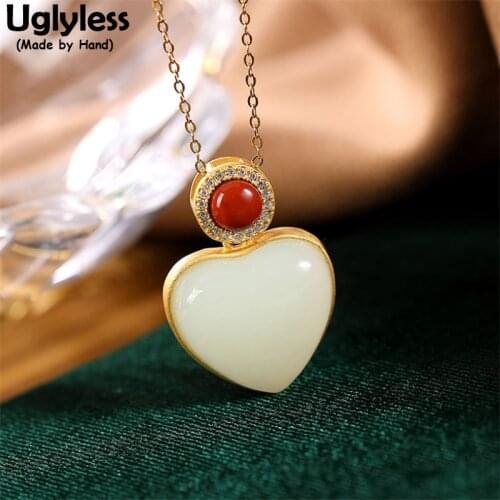 Uglyless Sweet LOVE Gifts for Girlfriends Mom Natural Jade Necklaces for Women 925 Silver Heart-shape Gemstones Pendants + Chain
