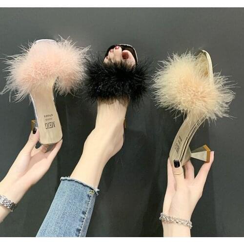 2021 New Slip-toe Half Slippers All-match High-heeled Shoes Womens Stiletto Pointed Toe Net Infrared Wear Hairy Slippers