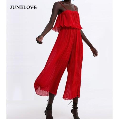 JuneLove Women Vintage Stylish Solid Straps Jumpsuits Sleeveless Backless Ruffle Pleated Chiffon Playsuits Casual Lady Rompers