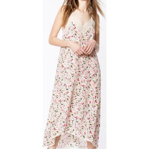 Pink Feelings Silk Dress Sand Wash Silk Stitching Lace Sexy Suspender Midi Dress