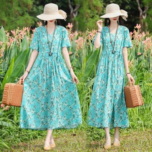 Print Floral Prairie Chic Holiday Travel Style Dress 2021 New Arrival Thin Cotton Lien Loose Summer Dress Women Casual Dress