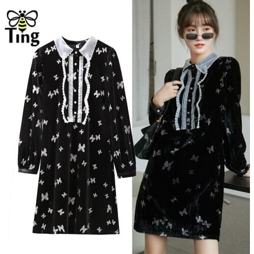 Tingfly Women Spring Autumn Street Fashion Chic Butterfly Print Black Mini Dress Casual Lady Cute Short Vestidos Dress Zaful New