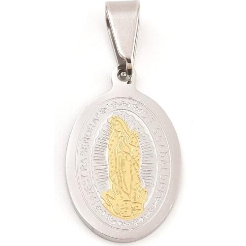 10pcs Fashionable 304 Stainless Steel Pendants, Flat Oval with Virgin, Stainless Steel Color/ Golden, 21x13x1.5mm, Hole: 4*6mm