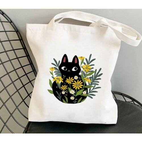 2021 Shopper Black cat with flowers Printed Tote Bag women Harajuku shopper handbag girl Shoulder shopping bag Lady Canvas Bag