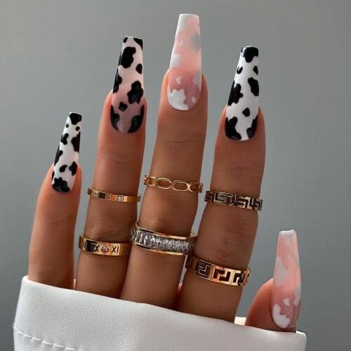 24Pcs/Set Hand Painted Animal Pattern Cow Pattern Snake Pattern Zebra Pattern Leopard Pattern Removable False Nails Manicure