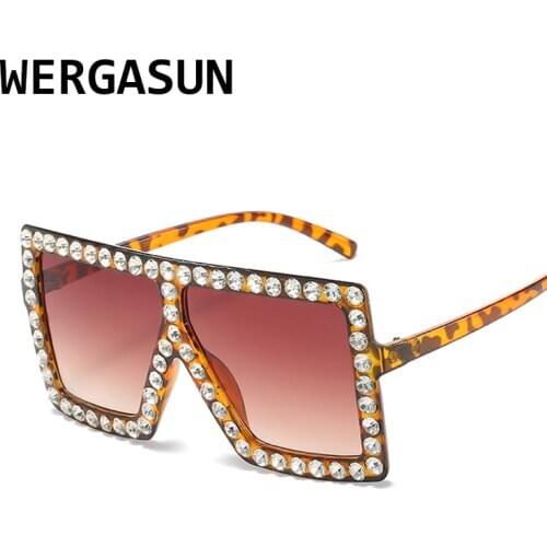 WERGASUN Oversized Square Colorful Diamond Sunglasses Women Big Frame Luxury Crystal Sun Glasses For Female Rhinestone Eyewear
