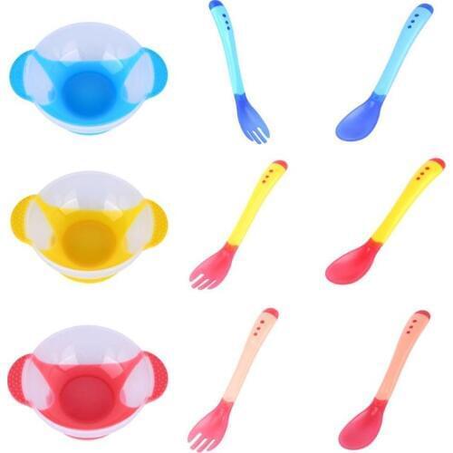Baby Bowl Slip-resistant Fork Spoon Safety Infant Sensing Temperature Sucker Bowl Fork Spoon Tableware Infants Feeding