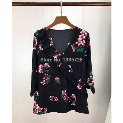 ElfStyle Top Quality Silk Deep V Neck Printing Blouse Top With Ruffled Neckline - Women/Ladies New Blouse Shirt