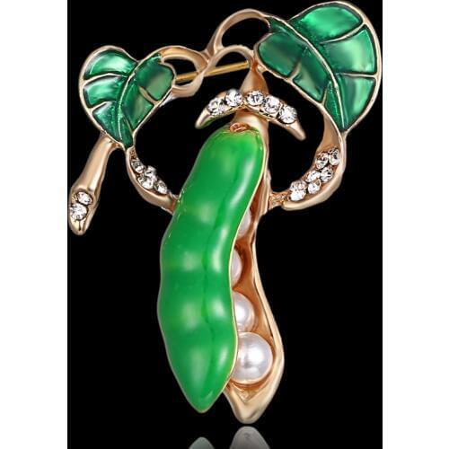 Enamel Green Pea Brooches For Women Gold-color Crystal Pearls Corsages Men Kids Sweater Suit Accessories Pins