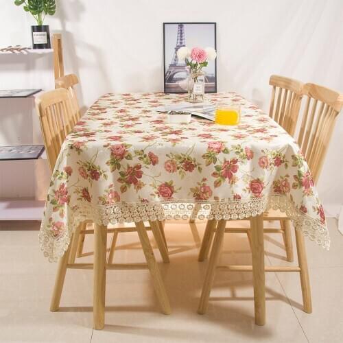 European Style Newest Design Wedding Party Decorative Tablecloth 130x180cm Red Color Rose Floral Printing Embridery Lace Border