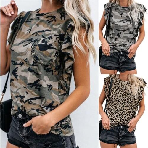Leopard Pocket T-shirt Women Summer Lotus leaf sleeve Tee Shirt Female 2020 New O-neck Tops Tee Women Clothes Female Short Sleev
