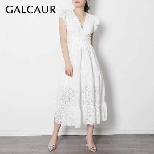 GALCAUR Deisgner Dress For Women V Neck Butterfly Short Sleeve High Waist Patchwork Lace Hollow Out Dresses Female 2021 Autumn