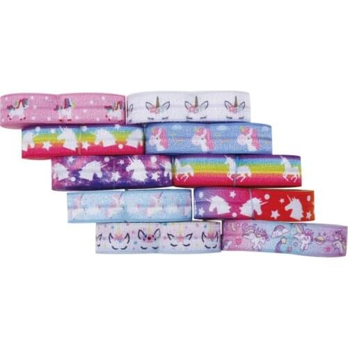 Hot sale 5/8" (16mm) heat transfer unicorn printed fold over elastic rainbow printed foe ribbon,100 yards per lot