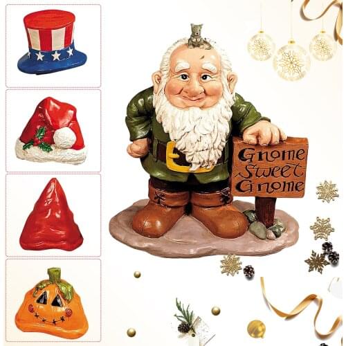 Gnome Statue Gardening Ornament with 4Pc Detachable Hats Resin Figurine Christmas Halloween Independence Day Courtyard Decor