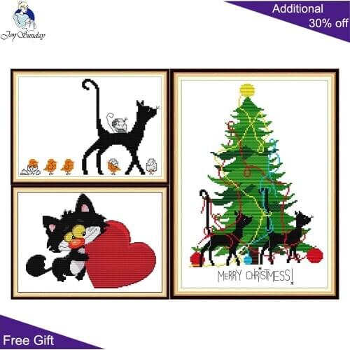 Joy Sunday Animal DA431 KB104 KB105 Stamped and Counted Home Decor Merry Christmess Black Cat And Red Heart Cross Stitch Kits