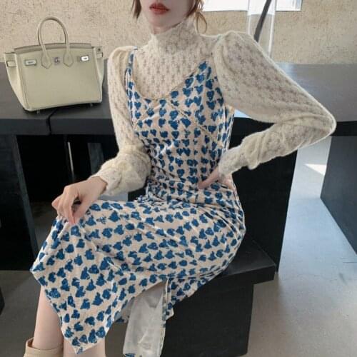 Two Pieces Set Dresses Women alf high neck lace bottoming shirt-Sling Split fork Dress 2021Spring Autumn Ladies Dress