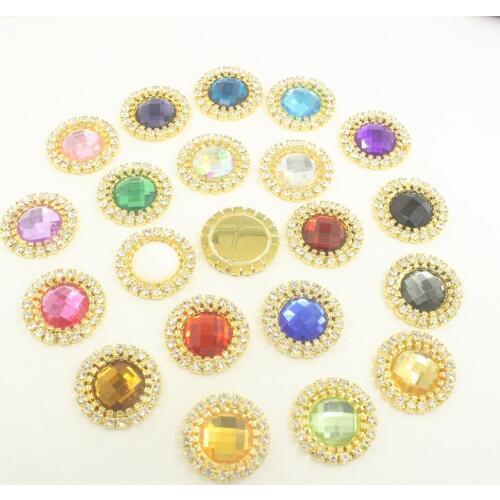 24mm Round Acrylic Diamond Rhinestone Flatback Gem Button DIY Clothing Applique Metal Decoration for DIY Embellishment 10pcs
