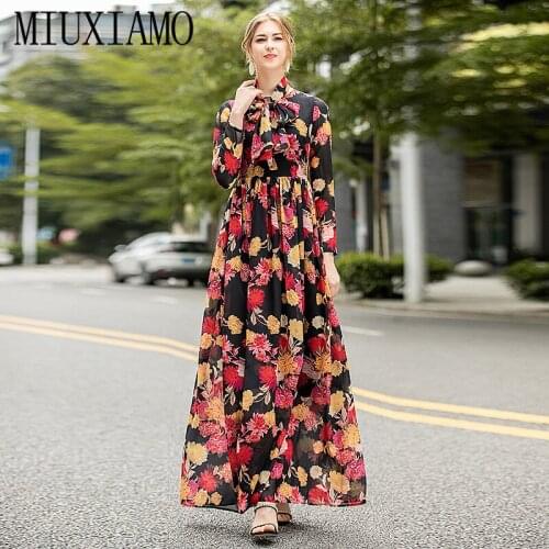 MIUXIMAO 2020 Summer Dress New Arrival Fashion O-Neck Full Flower Print Elegant Bow Mid-Calf Long Dress Wome Chiffon Dresses