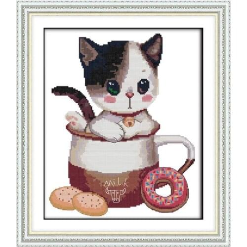 Kitten in the cup 3 cross stitch kit aida 14ct 11ct count printed canvas stitches embroidery DIY handmade needlework