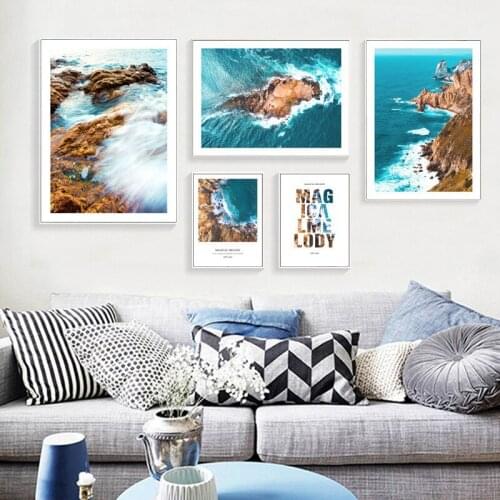 Blue Coast Wave Reef Landscape Painting Poster Printing Canvas Wall Art Living Room Background Home Decoration Painting