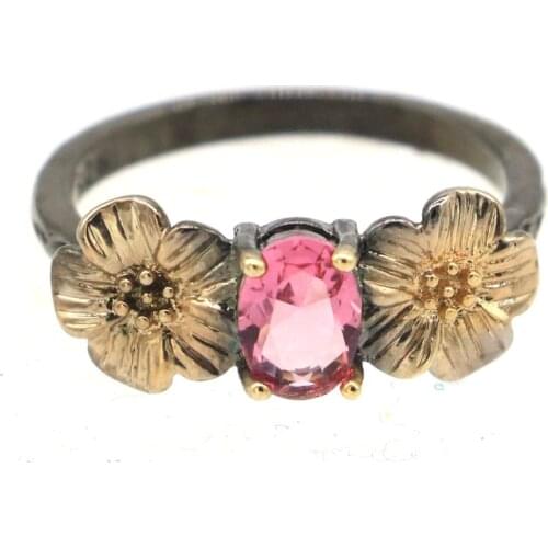 13x12mm Bohemia Design Flowers Created Pink Tourmaline Green Peridot For Girls Daily Wear Black Gold Silver Rings