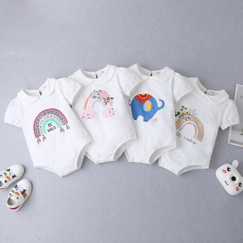 New Sweet Baby Girl Clothes Cotton Rainbow Print Short Sleeve Peter Pan Collar Baby Girl Bodysuit Fashion Baby Girl Romper 0-18M