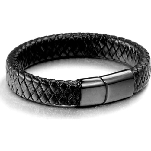 Punk Men Jewelry Black/Brown Braided Leather Bracelet Stainless Steel Magnetic Clasp Fashion Bangles 18.5/22/20.5cm