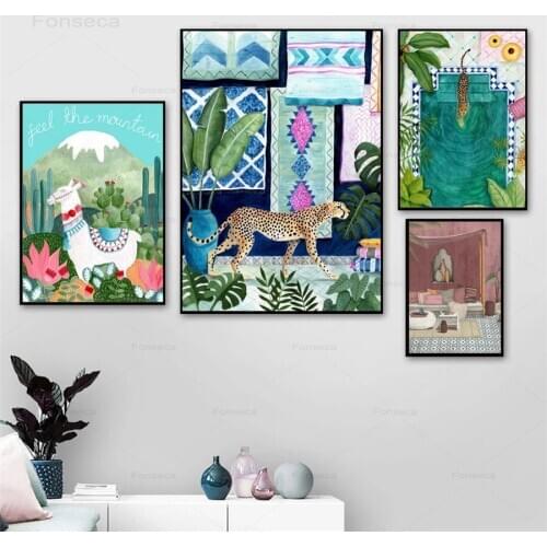 Nordic Cartoon Animals Poster Morocco Cheetah Llama Leopard Jungle Canvas Painting Wall Pictures for Kid Room Nursery Decoration