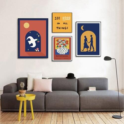 Simple modern Nordic retro abstract lovers vase Morandi color art poster living room decoration picture printing