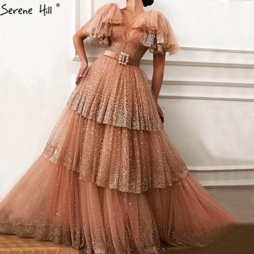 Dubai Glitter V-Neck Sexy Prom Dresses 2020 Short Sleeves Tiered Prom Gowns Long Serene Hill DLA60765