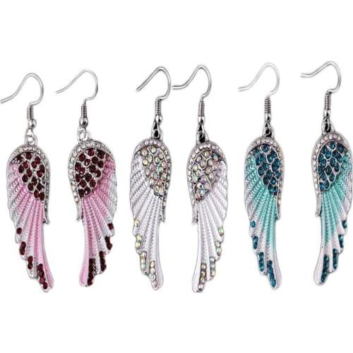 Womens Angel Wing Rhinestone Dangle Earrings Pink/White/Blue Crystal Memorial Teenager Gifts Guardian Jewelry Trend Wing KJ30F