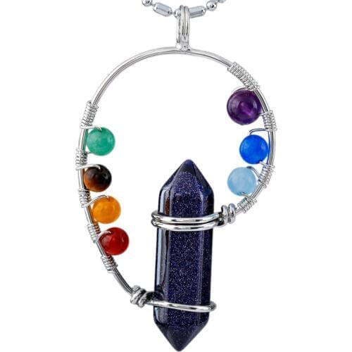 SUNYIK Blue Sand Stone Hexagonal Point Pendant,7 Bead Chakra Healing Charm,For Necklace (Free Chain)