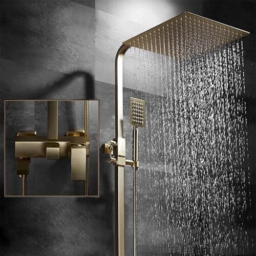 Solid Brass Brushed Gold Nordic Bathroom Shower Set Hot And Cold Mixed Shower Spray Gun Faucet Set